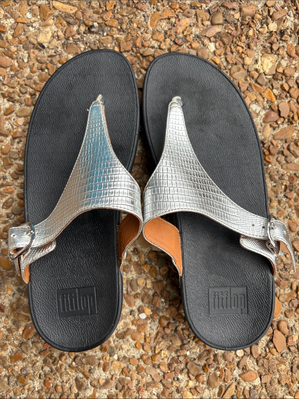Fitflop Silver Metallic Thong Sandals with Black Footbed